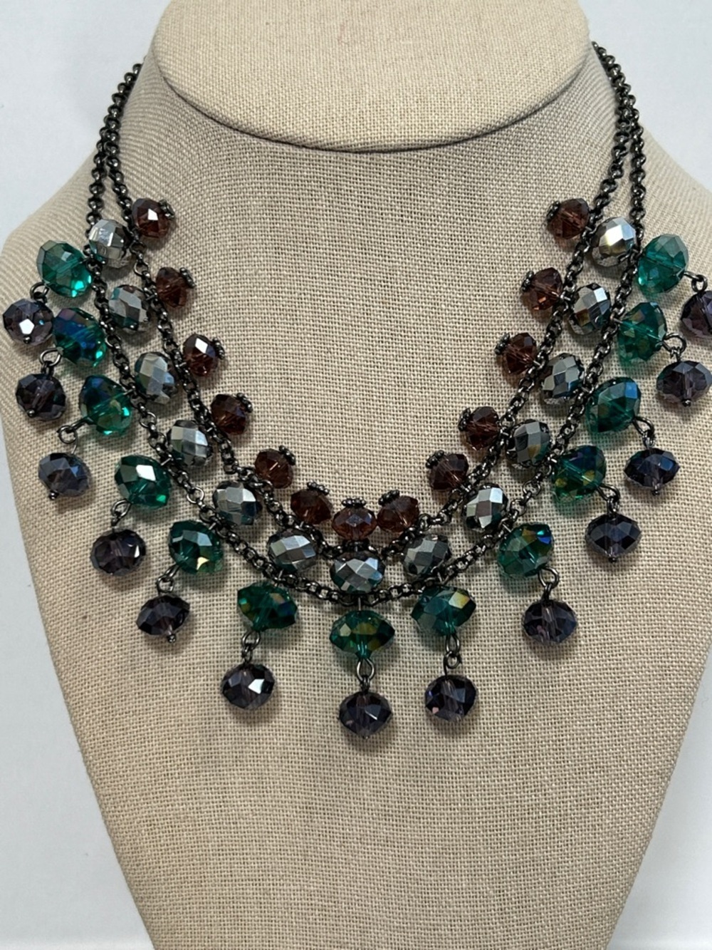Multicolor Faceted Crystal Bib Necklace - Emerald, Smoky & Amethyst Tones